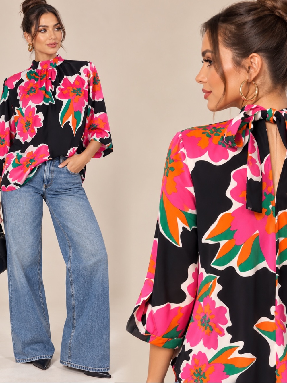 Black Floral Tie-Neck Blouse with Pink & Orange Accents